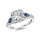 Wide Pear-Cut Sapphire & Cushion-Shaped Diamond Halo Engagement Ring W/ Surprise Diamond